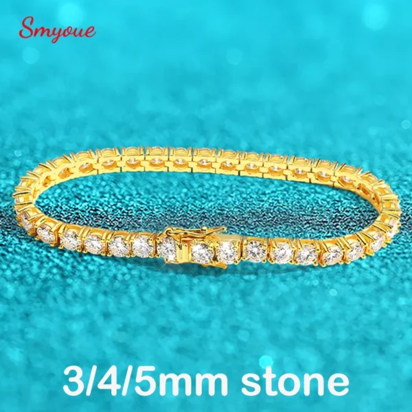 Smyoue 18k Gold Plated Moissanite Tennis Bracelet for Women 3/4/5mm Classic S925 Sterling Silver Certified Bracelet for Men GRA
